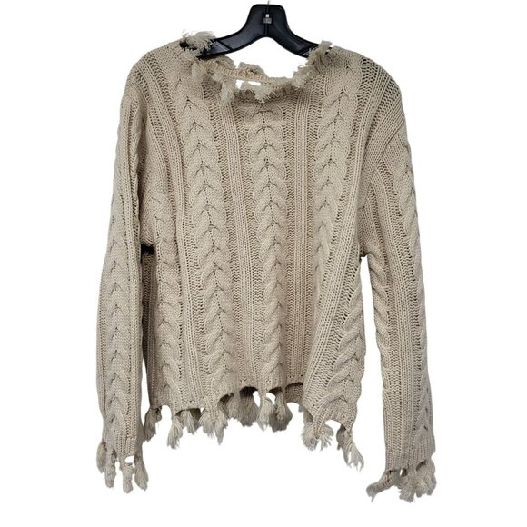 Le Lis Cream Cable Knit Cropped Sweater Fringe Distressed Frayed Tan Neutral - Picture 1 of 9
